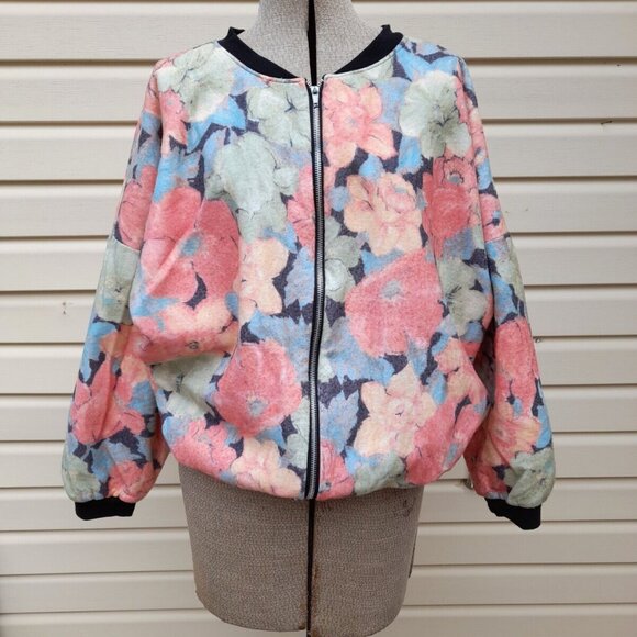 Vintage Bomber Jacket Floral Fleece Oversize 80s 90s Y2K Grunge - Picture 1 of 10